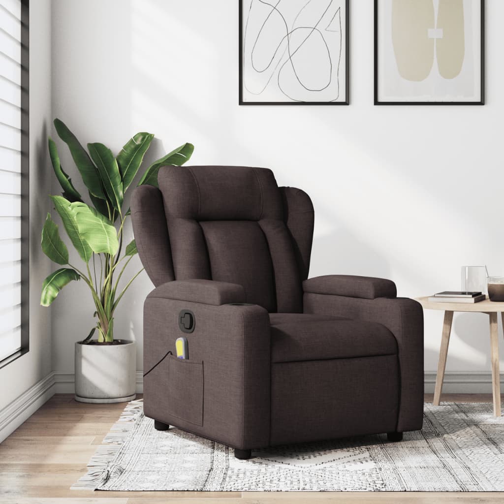 vidaXL Sillón de masaje reclinable de tela marrón oscuro