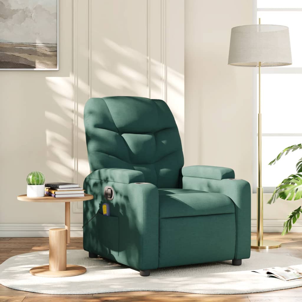 vidaXL Sillón de masaje reclinable de tela verde oscuro