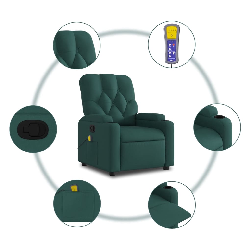 vidaXL Sillón de masaje reclinable de tela verde oscuro