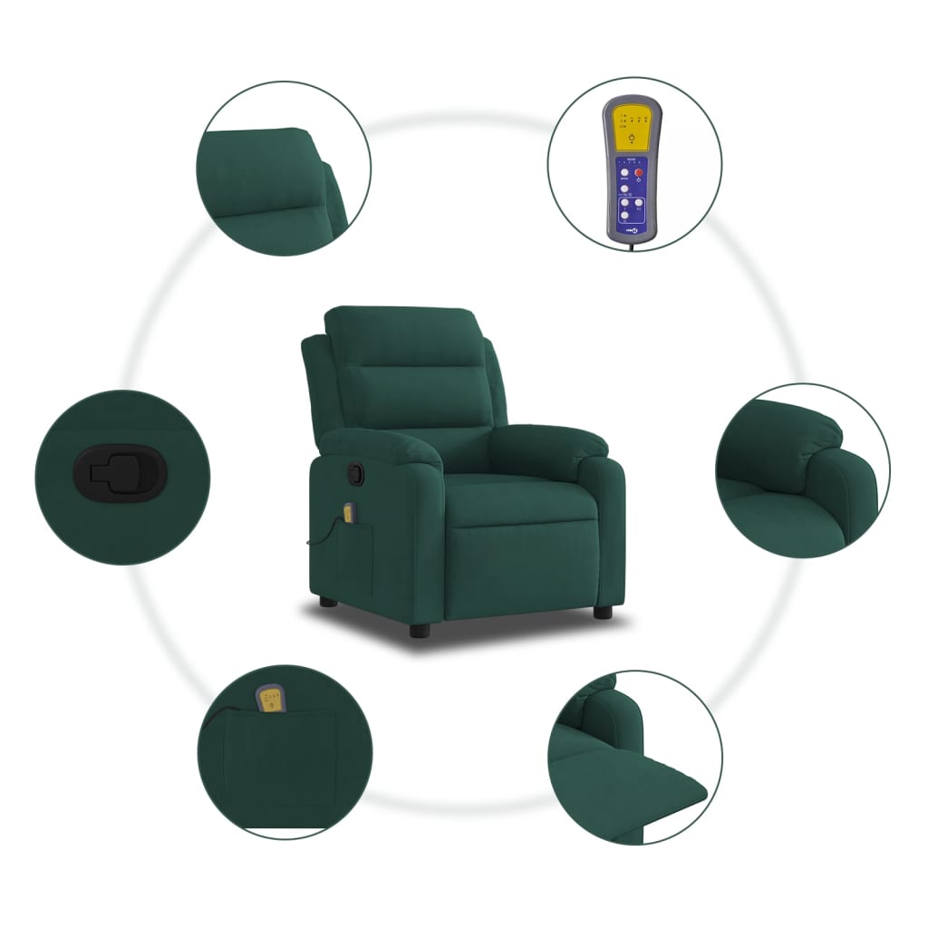 vidaXL Sillón de masaje reclinable de terciopelo verde oscuro