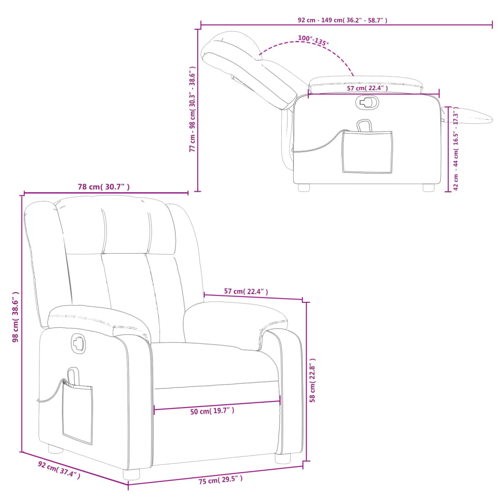 vidaXL Sillón de masaje reclinable de tela color vino tinto