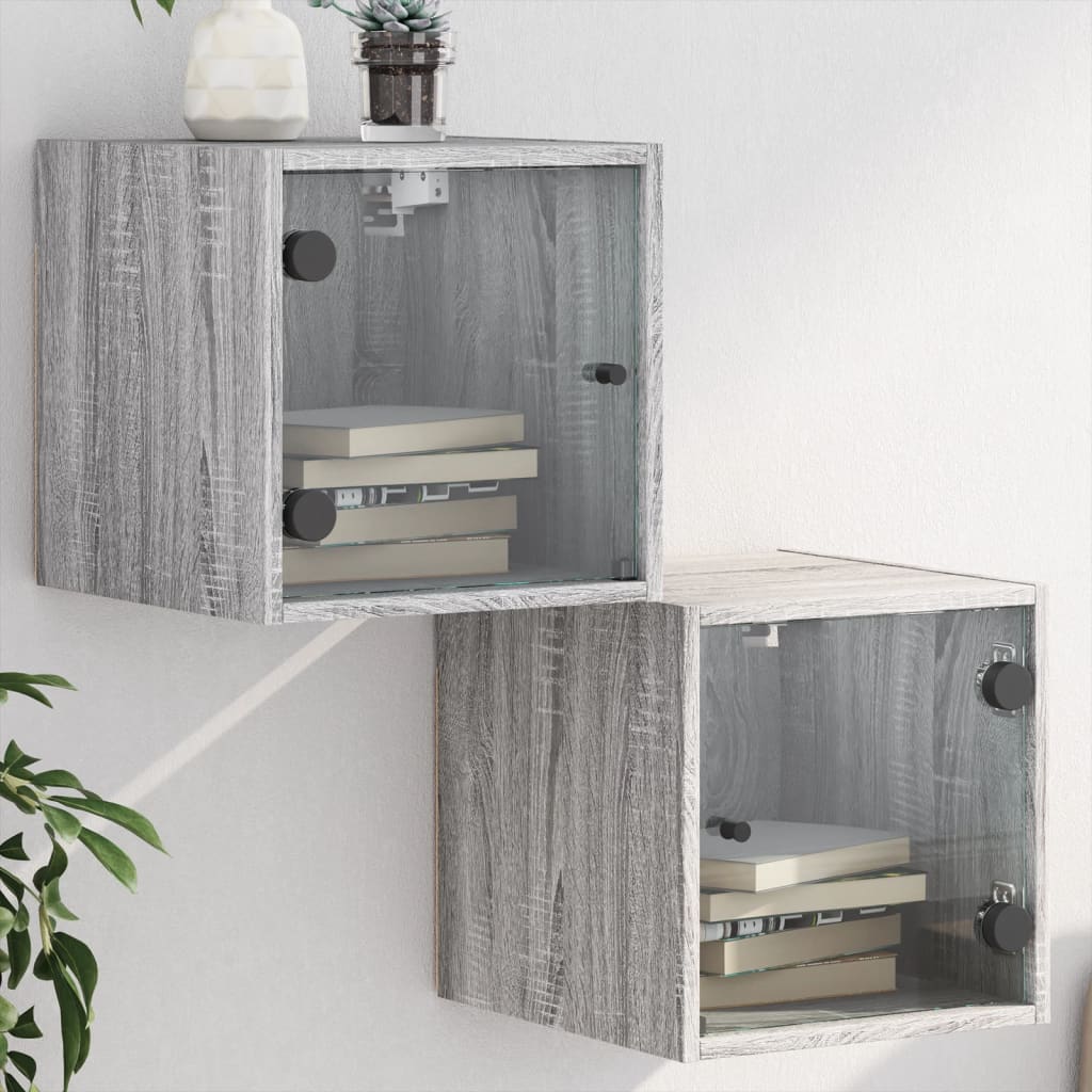 vidaXL Mesitas noche con puertas vidrio 2 uds gris Sonoma 35x37x35 cm