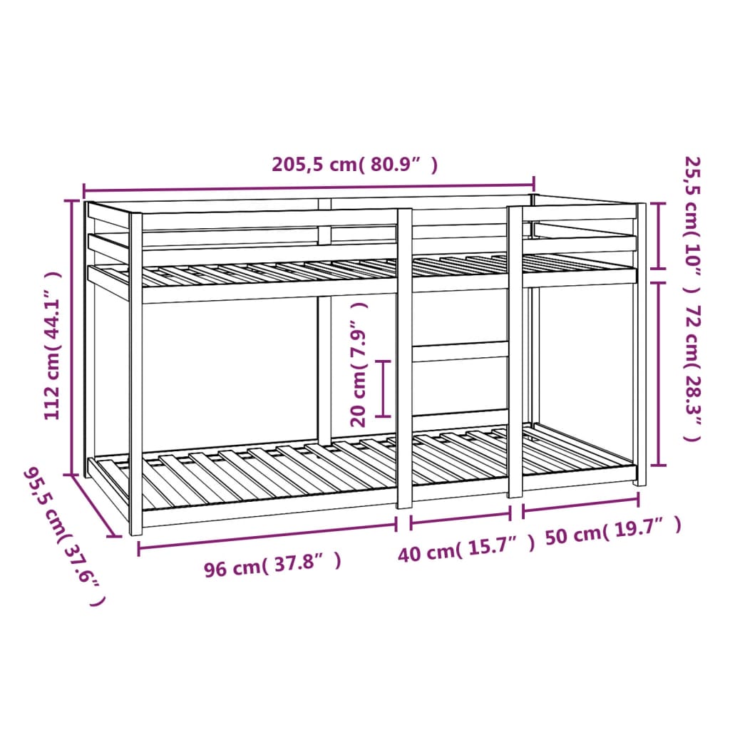 vidaXL Cama litera sin colchón madera maciza de pino 90x200 cm