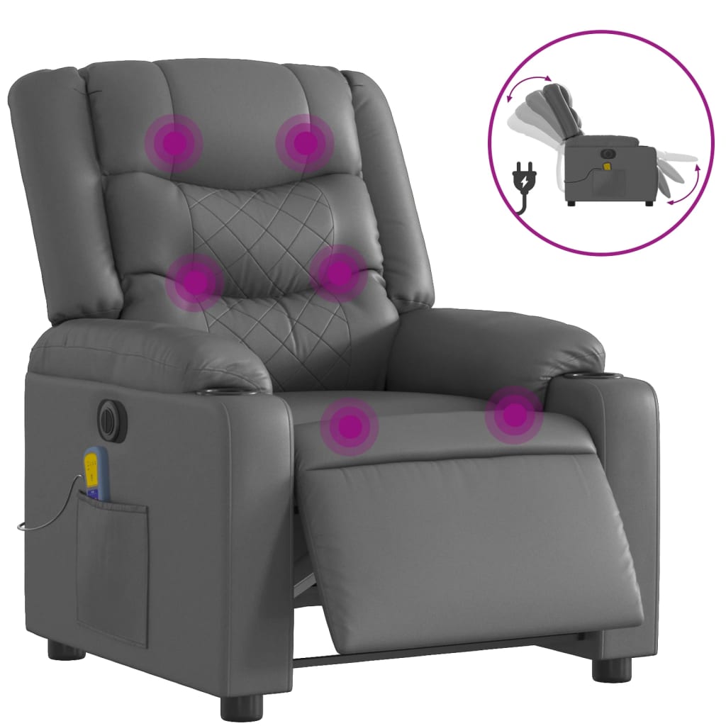 vidaXL Sillón de masaje reclinable eléctrico cuero sintético gris