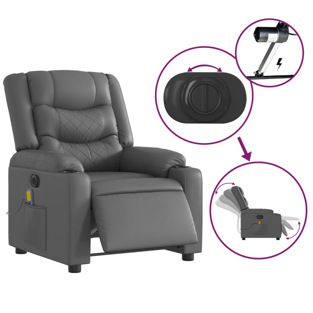 vidaXL Sillón de masaje reclinable eléctrico cuero sintético gris