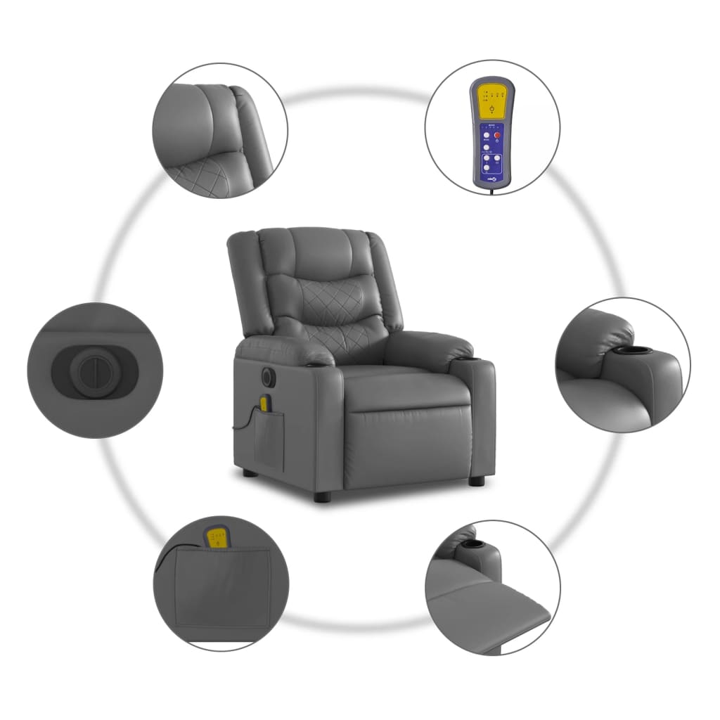 vidaXL Sillón de masaje reclinable eléctrico cuero sintético gris