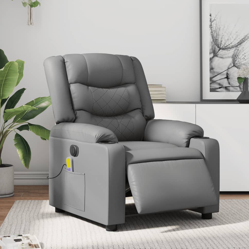 vidaXL Sillón de masaje reclinable eléctrico cuero sintético gris