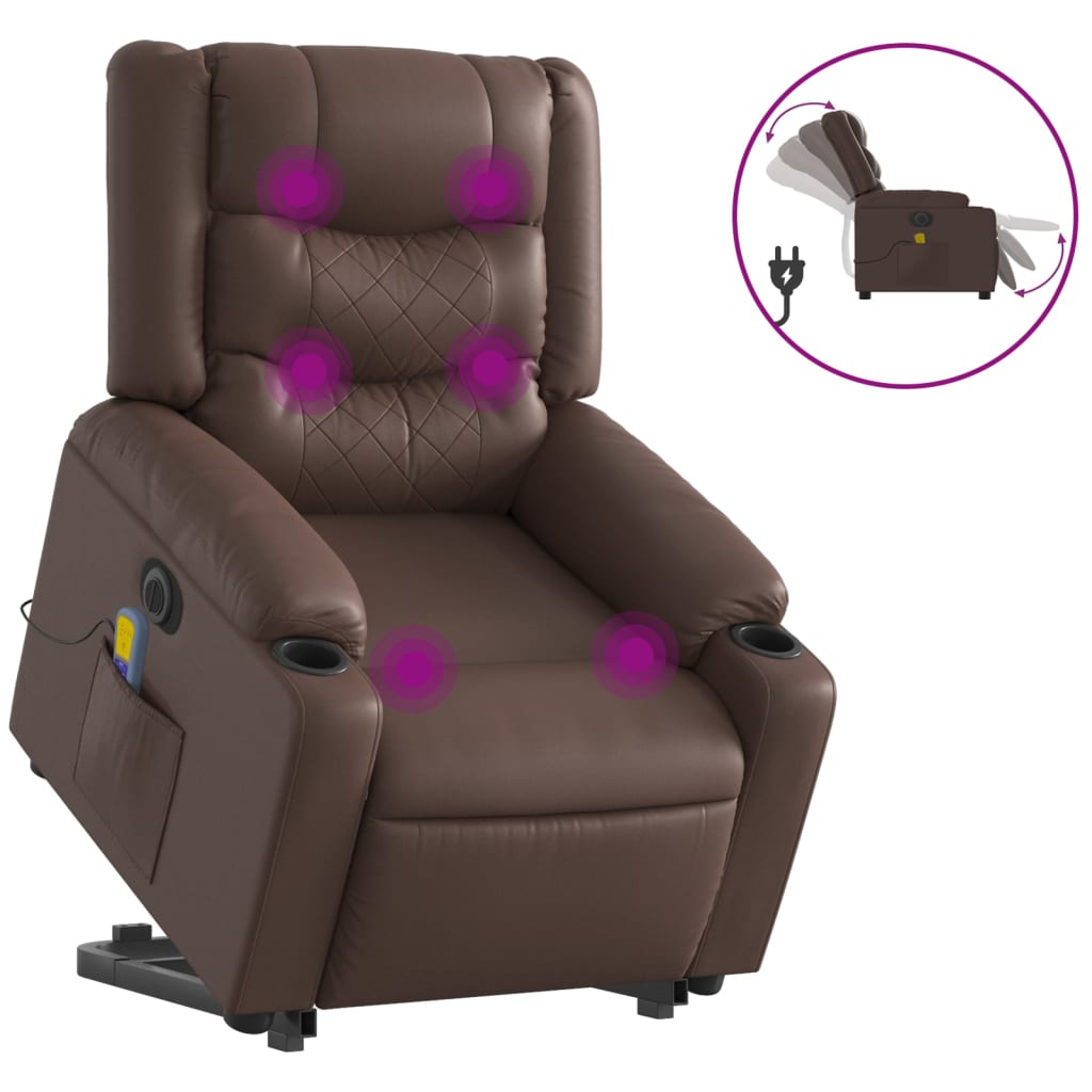 vidaXL Sillón de masaje elevable eléctrico cuero sintético marrón