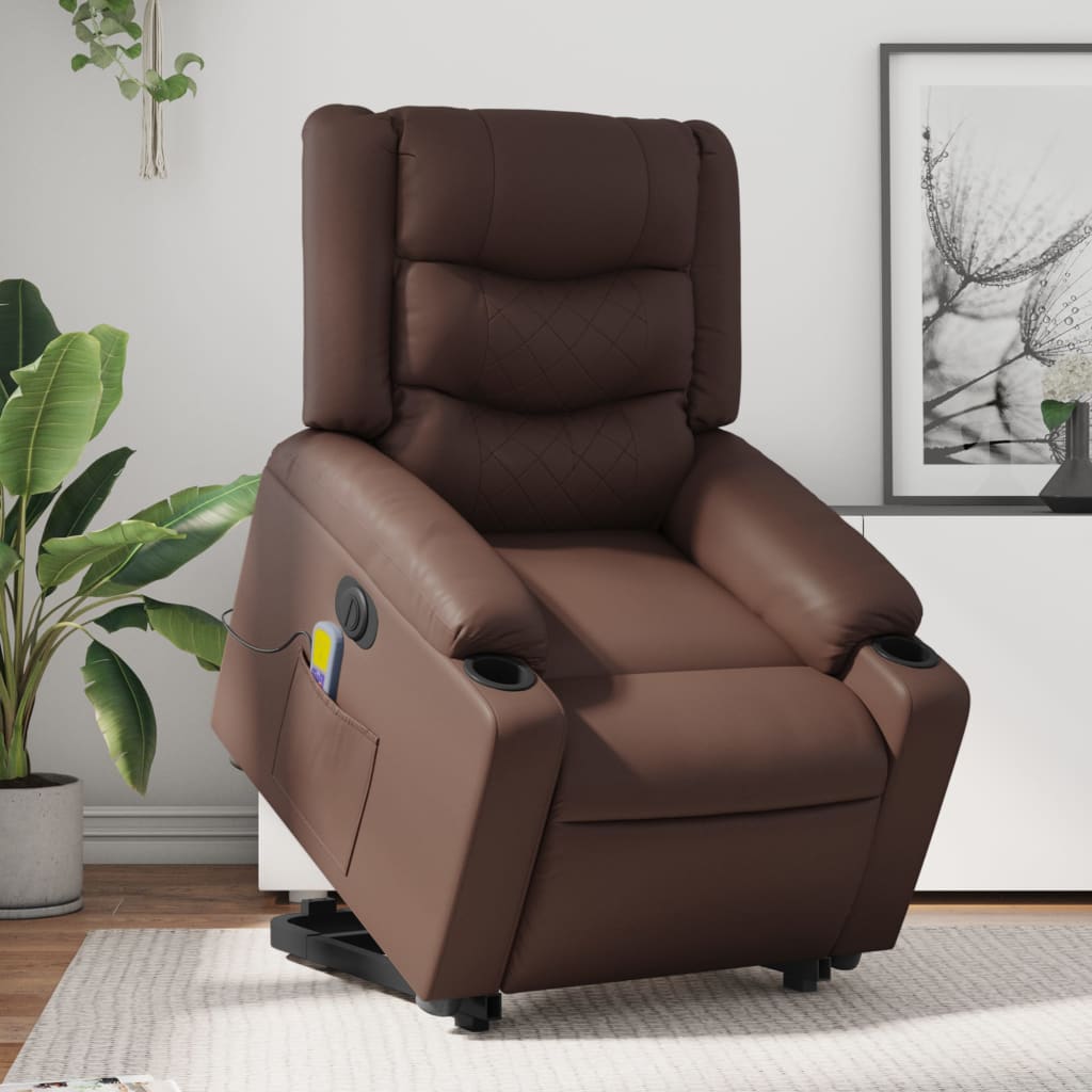 vidaXL Sillón de masaje elevable eléctrico cuero sintético marrón