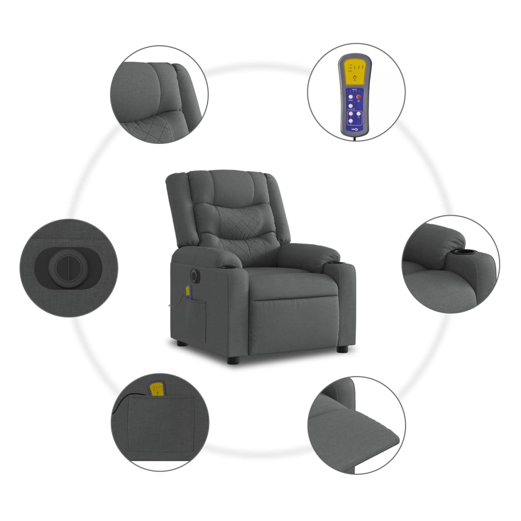 vidaXL Sillón de masaje eléctrico reclinable elevable tela gris oscuro