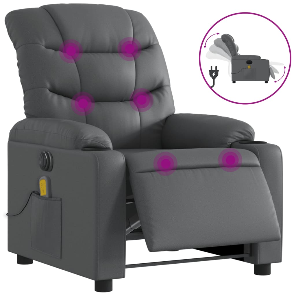 vidaXL Sillón de masaje reclinable eléctrico cuero sintético gris