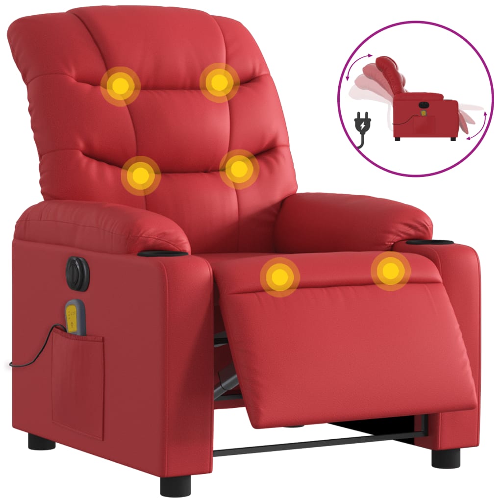 vidaXL Sillón de masaje reclinable eléctrico de cuero artificial rojo