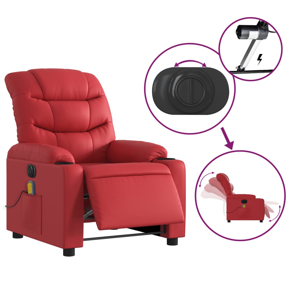 vidaXL Sillón de masaje reclinable eléctrico de cuero artificial rojo