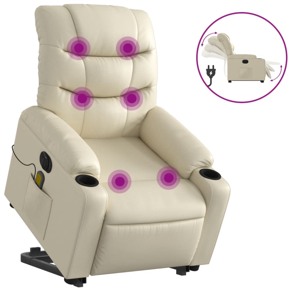 vidaXL Sillón de masaje elevable eléctrico cuero sintético crema