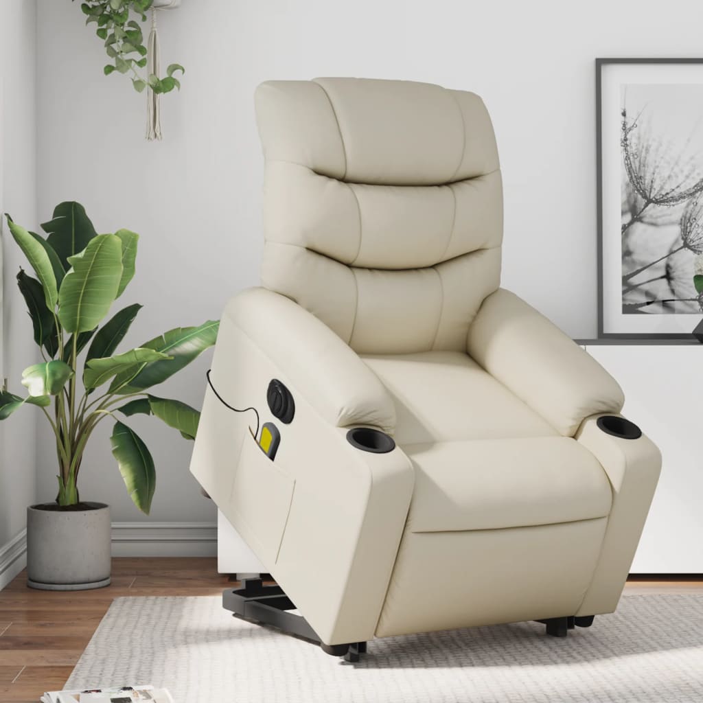 vidaXL Sillón de masaje elevable eléctrico cuero sintético crema