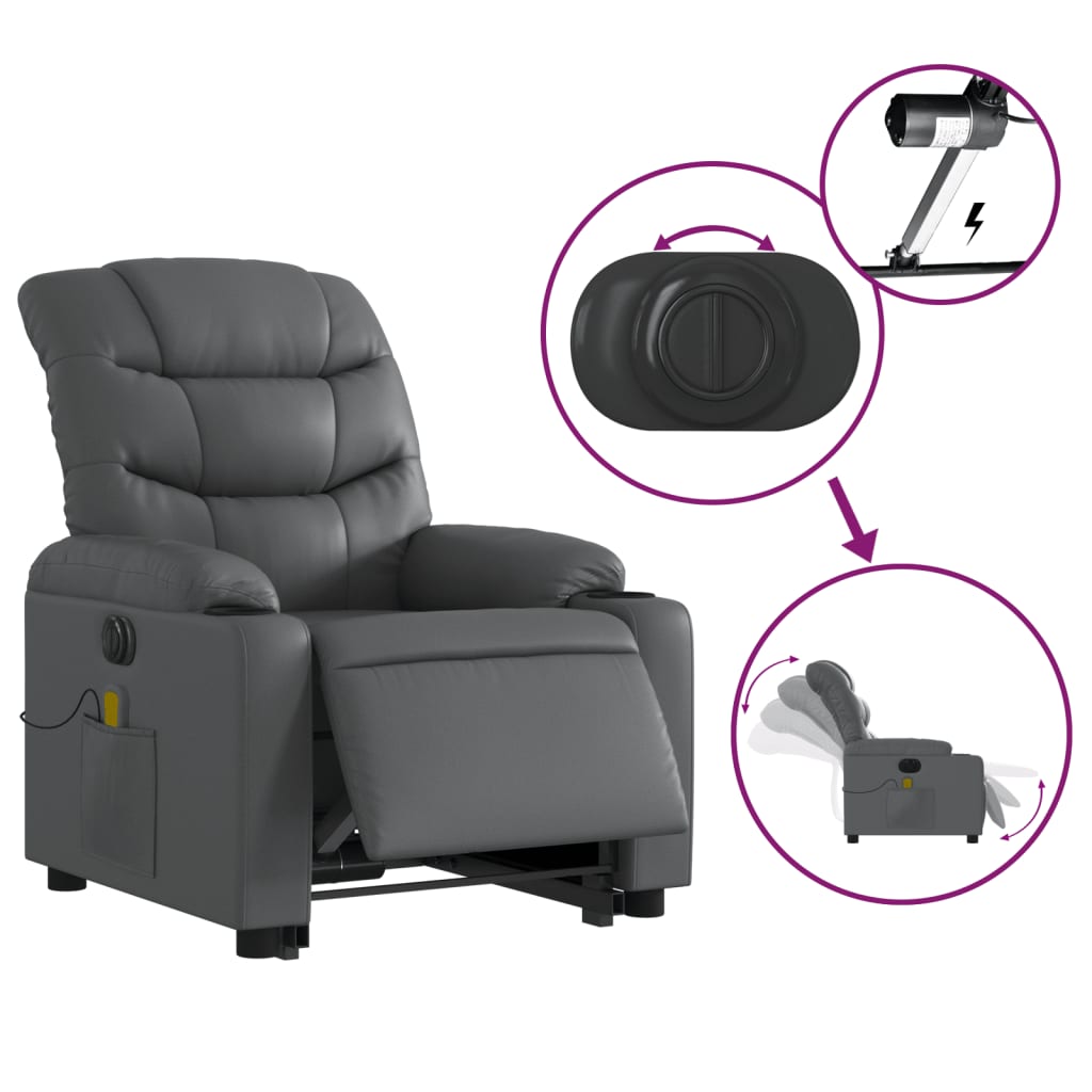 vidaXL Sillón de masaje elevable eléctrico cuero sintético gris