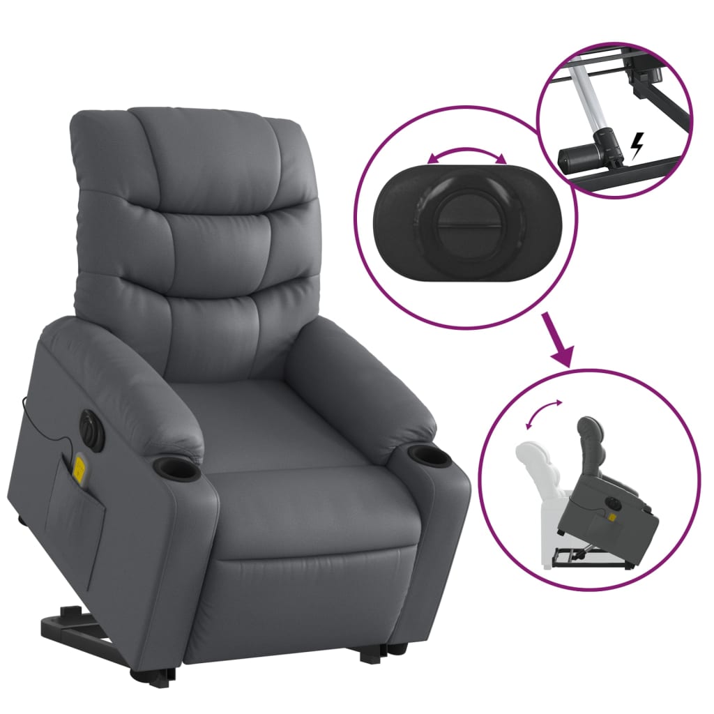 vidaXL Sillón de masaje elevable eléctrico cuero sintético gris