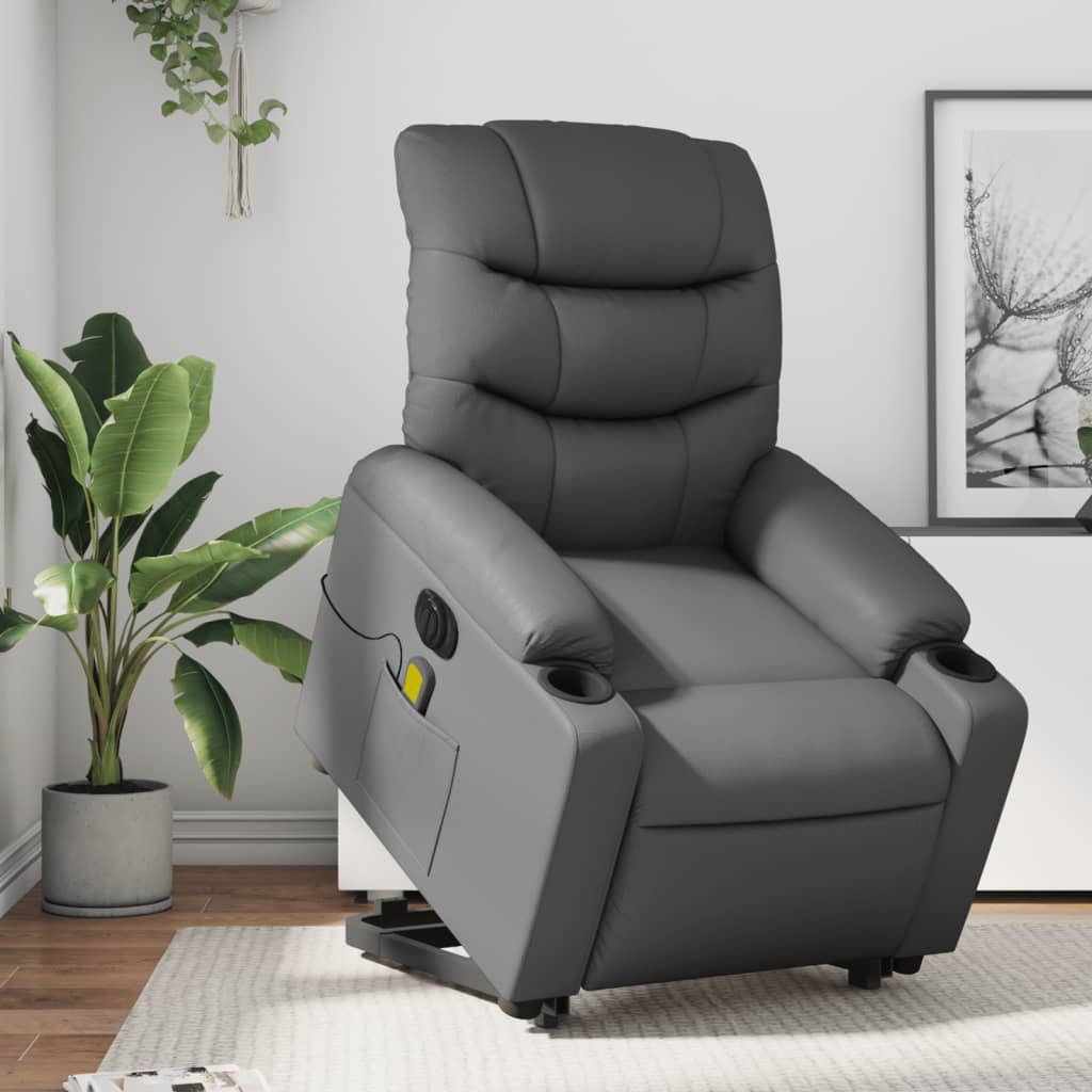 vidaXL Sillón de masaje elevable eléctrico cuero sintético gris