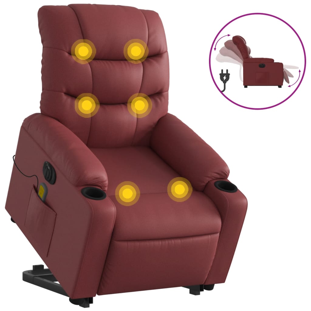 vidaXL Sillón de masaje elevable eléctrico cuero artificial rojo tinto