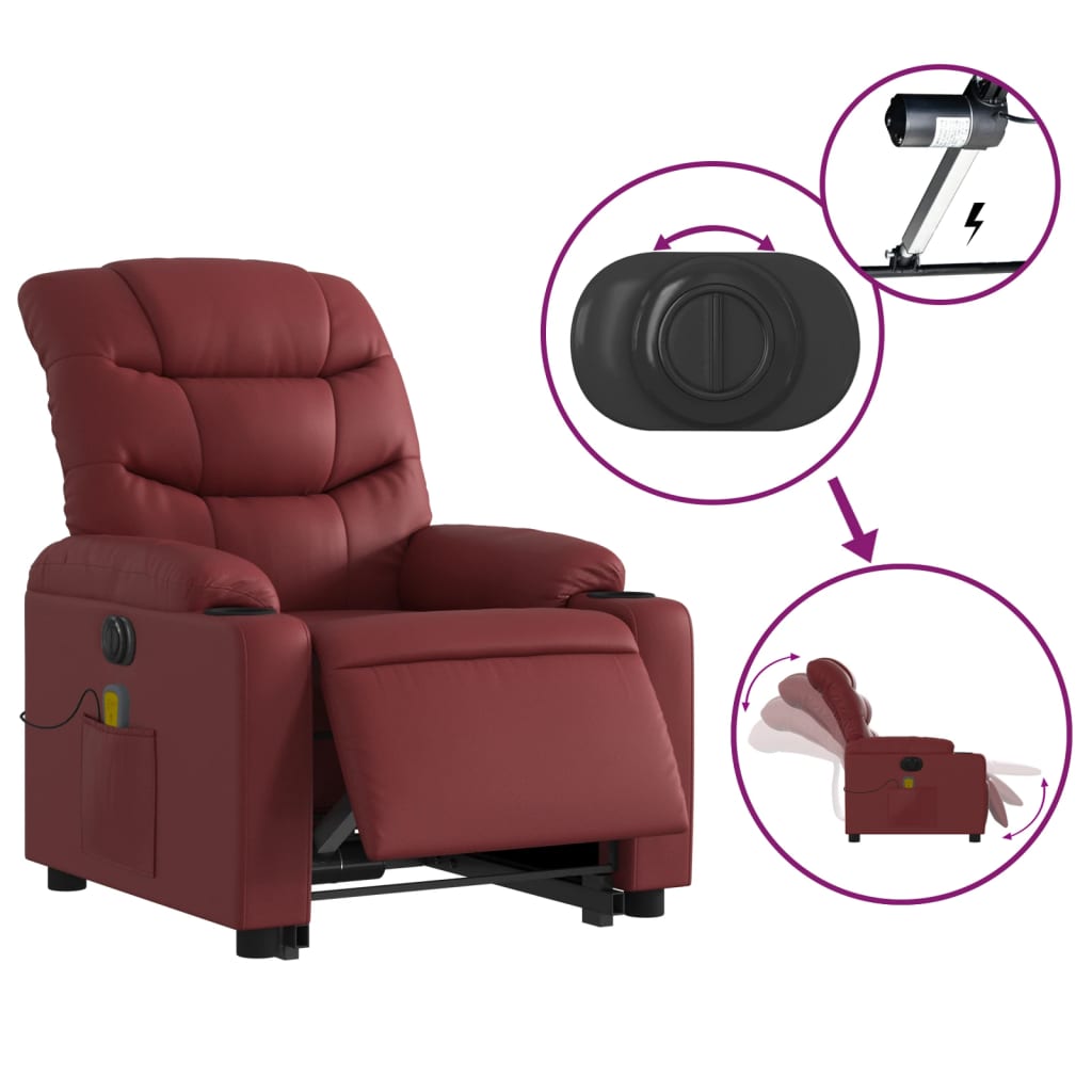 vidaXL Sillón de masaje elevable eléctrico cuero artificial rojo tinto