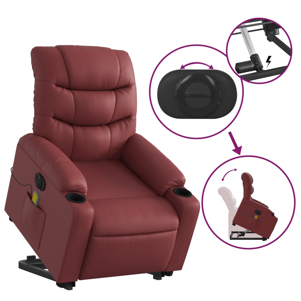 vidaXL Sillón de masaje elevable eléctrico cuero artificial rojo tinto