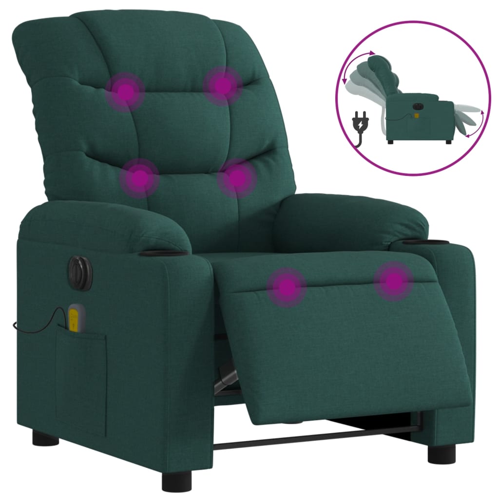 vidaXL Sillón reclinable de masaje eléctrico tela verde oscuro