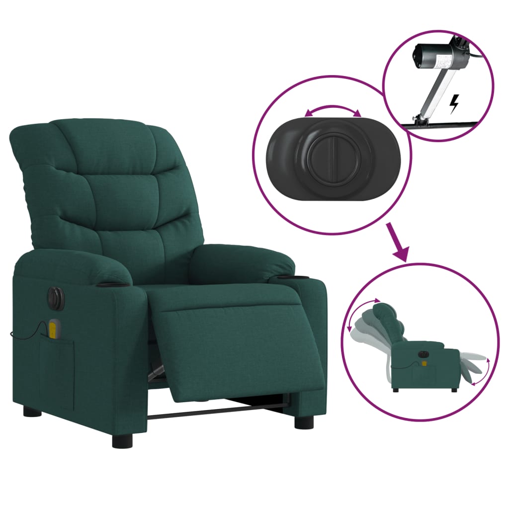 vidaXL Sillón reclinable de masaje eléctrico tela verde oscuro