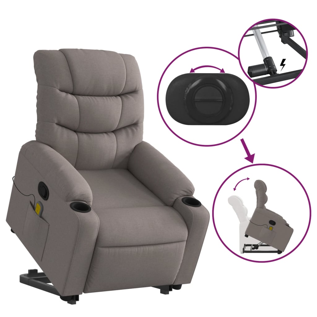 vidaXL Sillón reclinable de masaje elevable tela gris taupé