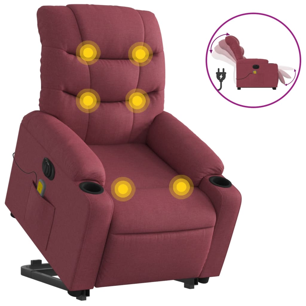 vidaXL Sillón de masaje elevable eléctrico tela rojo tinto