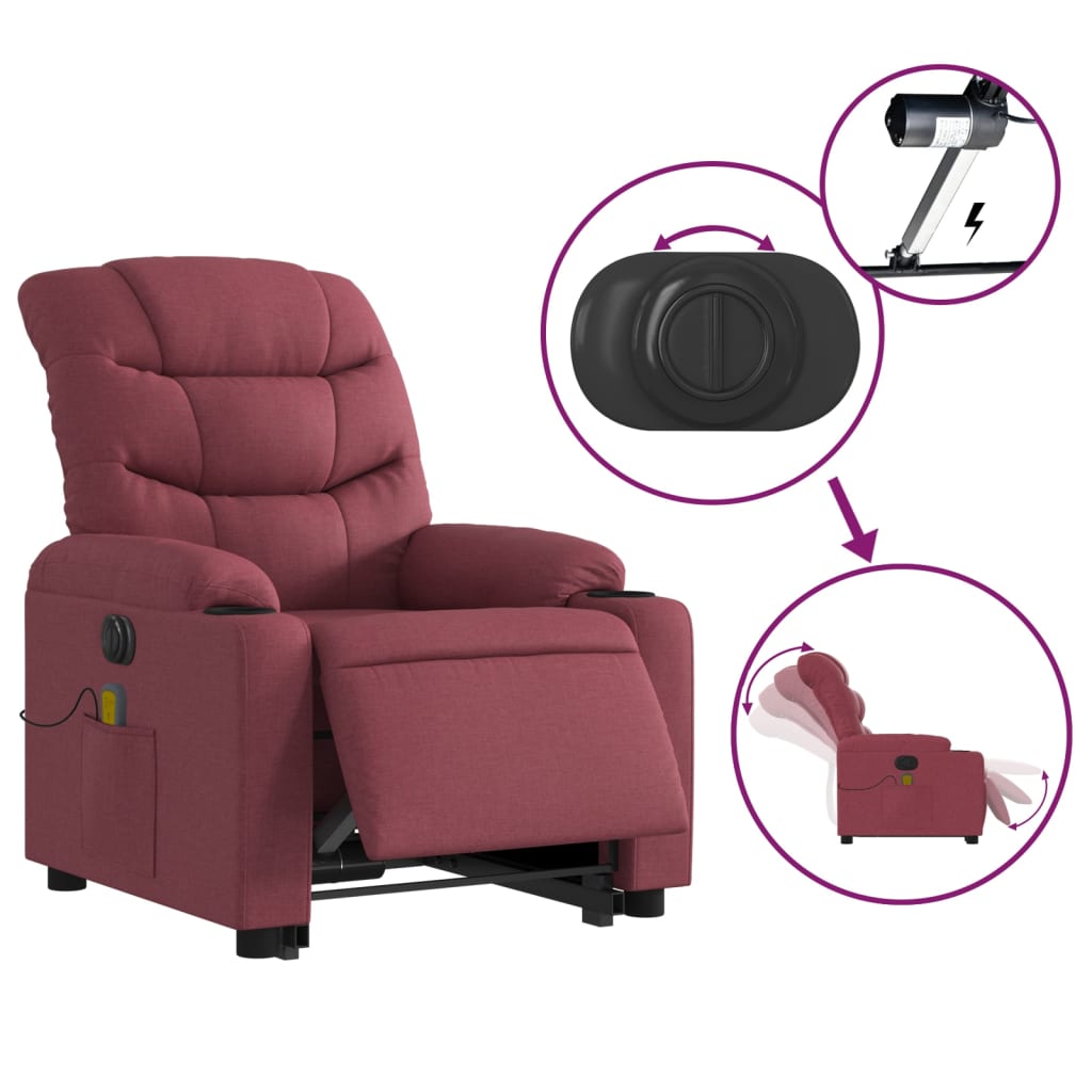 vidaXL Sillón de masaje elevable eléctrico tela rojo tinto