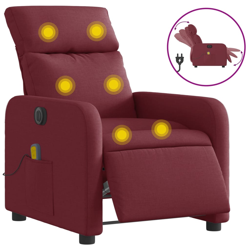 vidaXL Sillón de masaje reclinable eléctrico tela rojo tinto