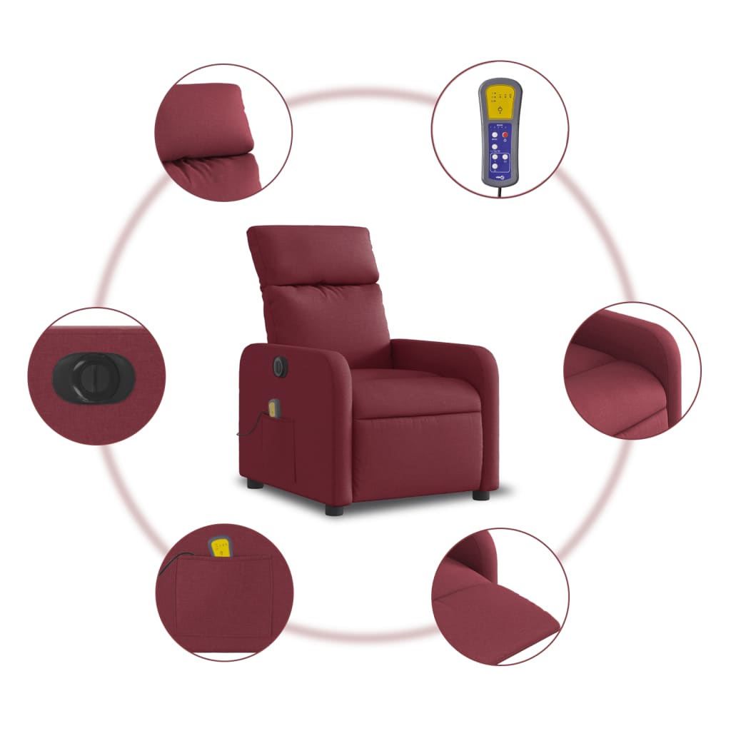 vidaXL Sillón de masaje reclinable eléctrico tela rojo tinto