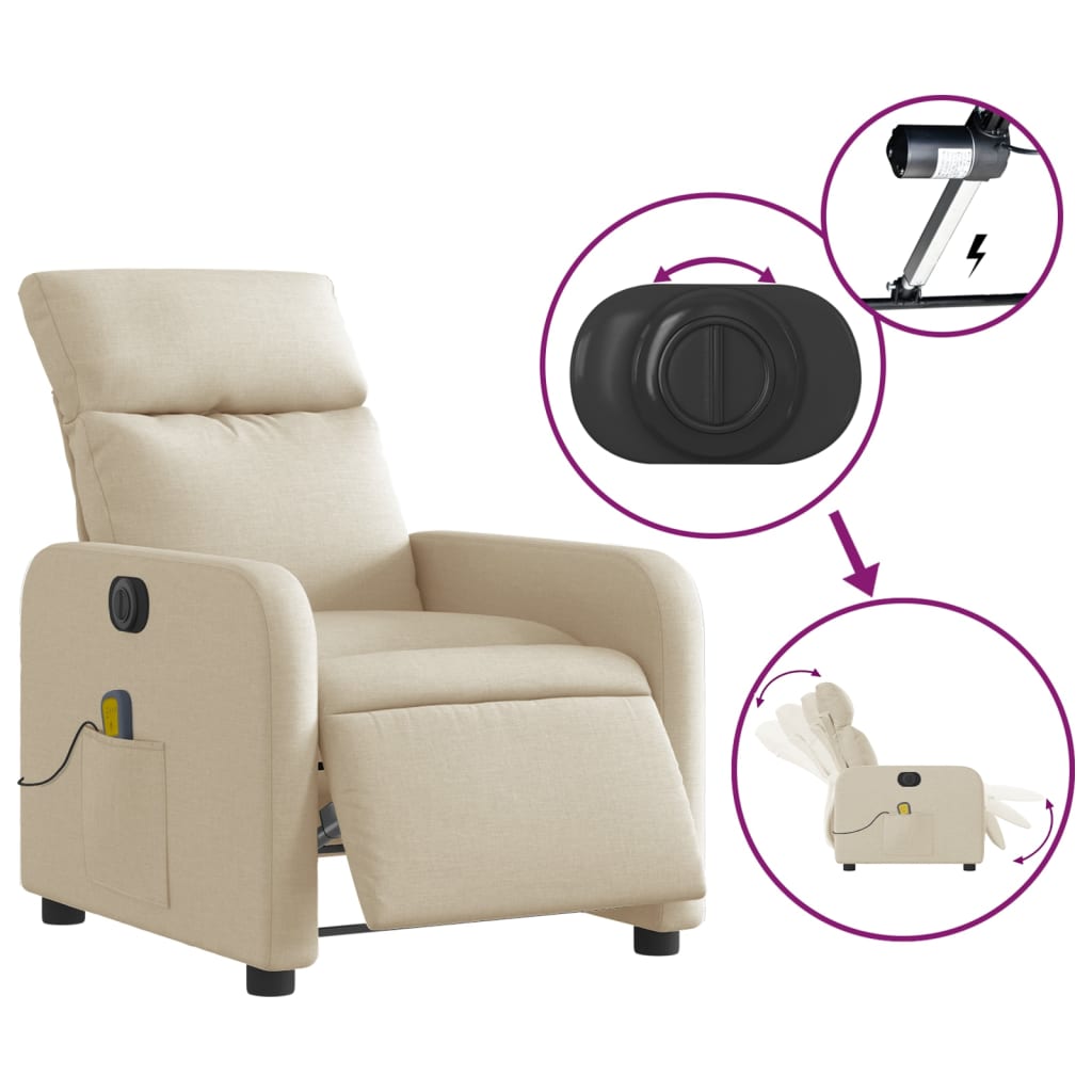 vidaXL Sillón reclinable de masaje eléctrico tela color crema