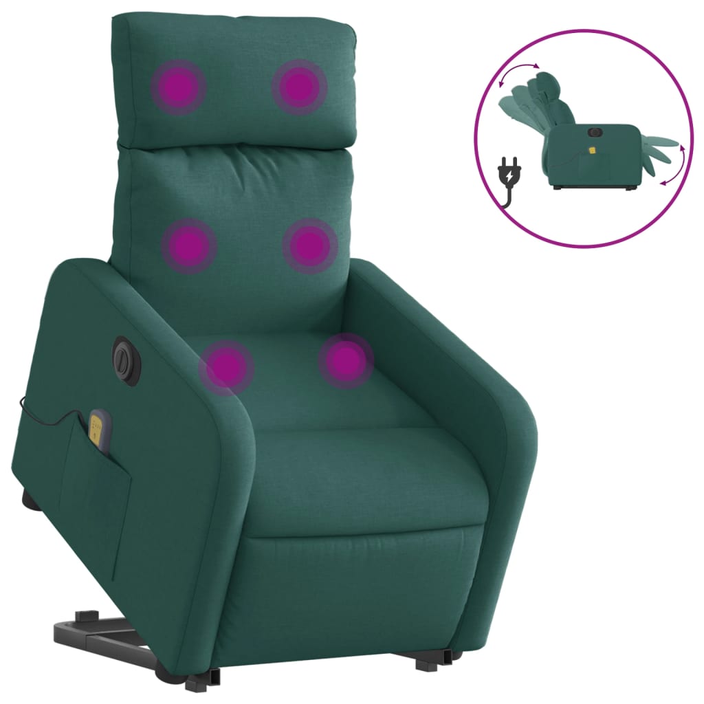 vidaXL Sillón masaje eléctrico reclinable elevable tela verde oscuro