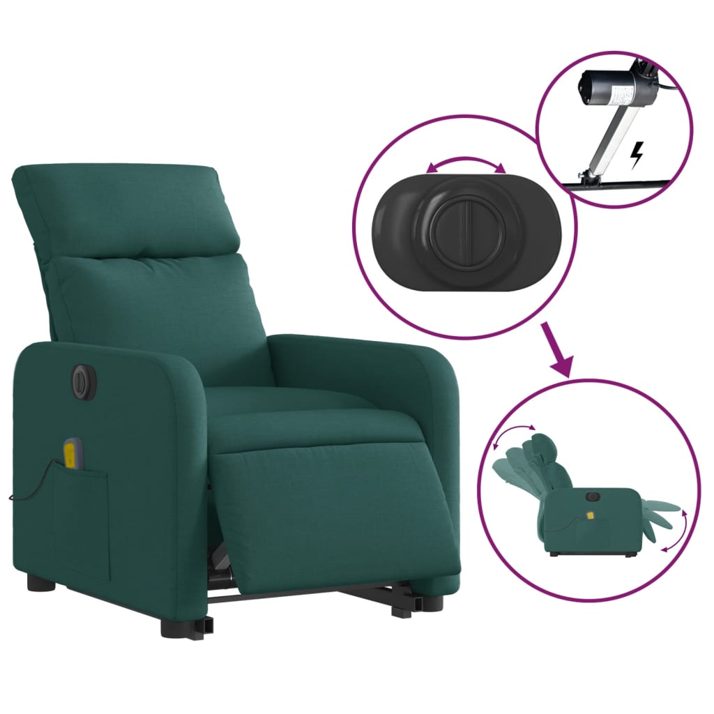 vidaXL Sillón masaje eléctrico reclinable elevable tela verde oscuro