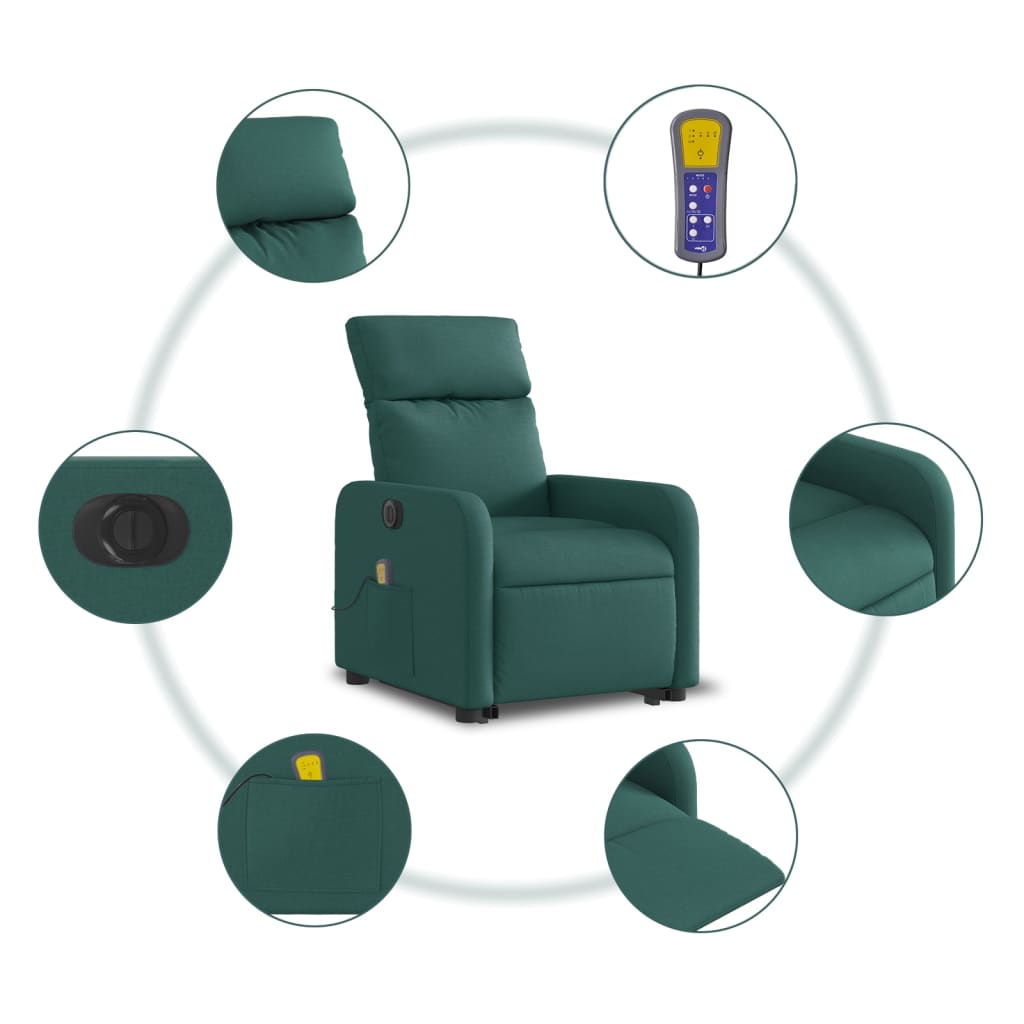 vidaXL Sillón masaje eléctrico reclinable elevable tela verde oscuro