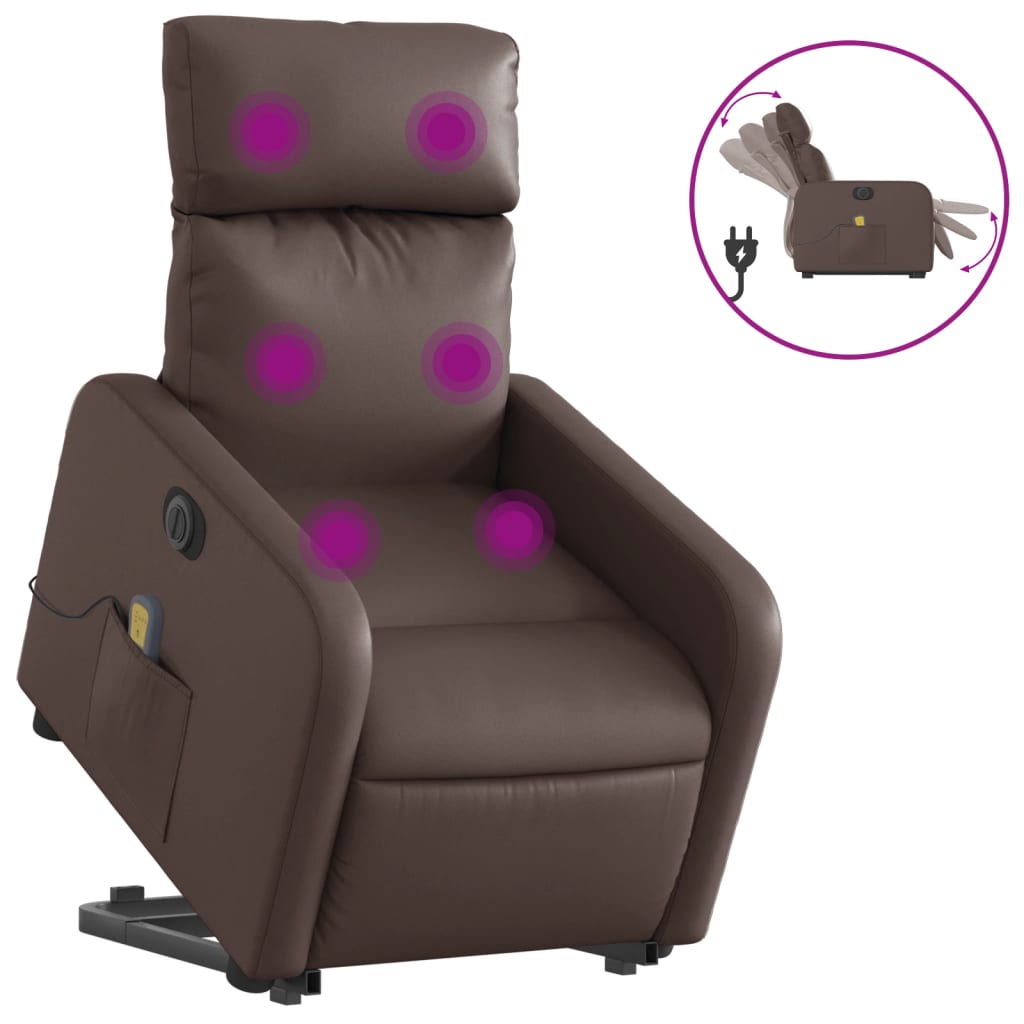 vidaXL Sillón de masaje elevable eléctrico cuero sintético marrón