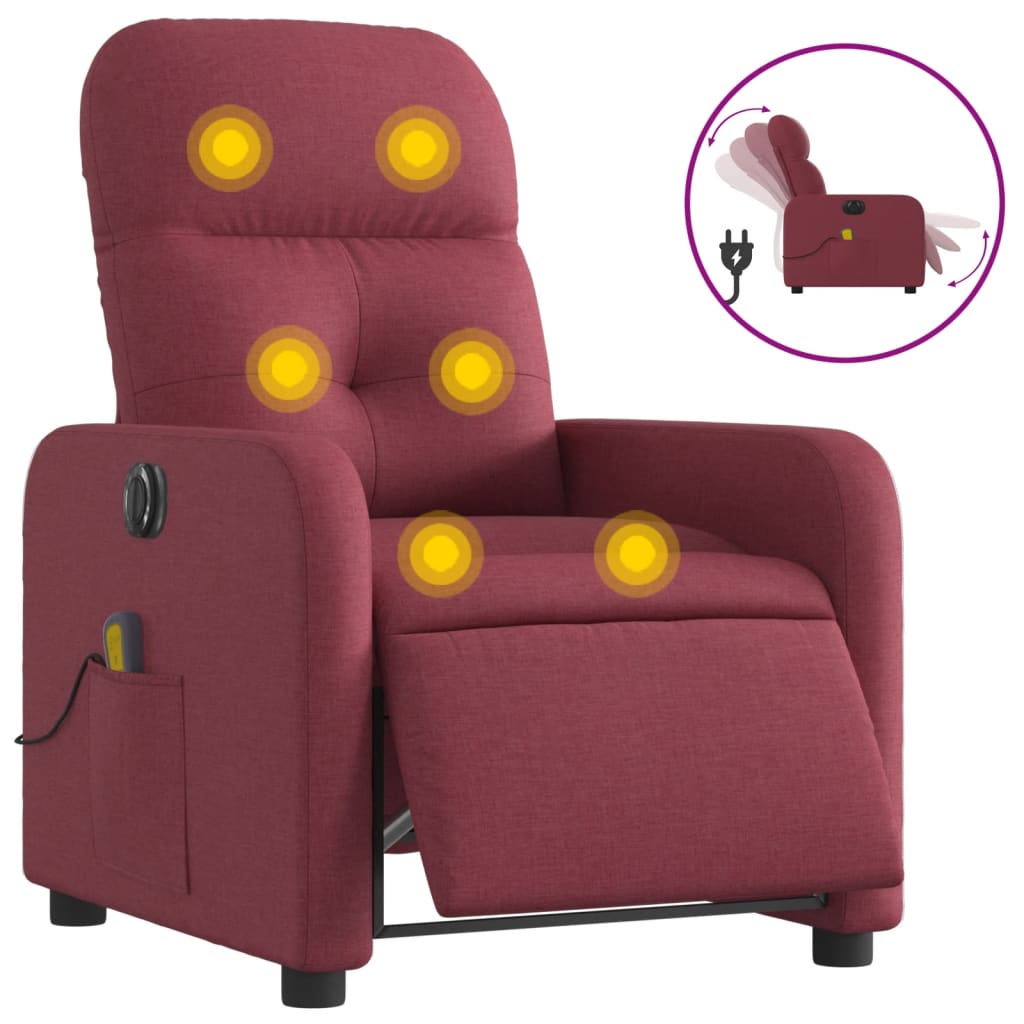 vidaXL Sillón de masaje reclinable eléctrico tela rojo tinto