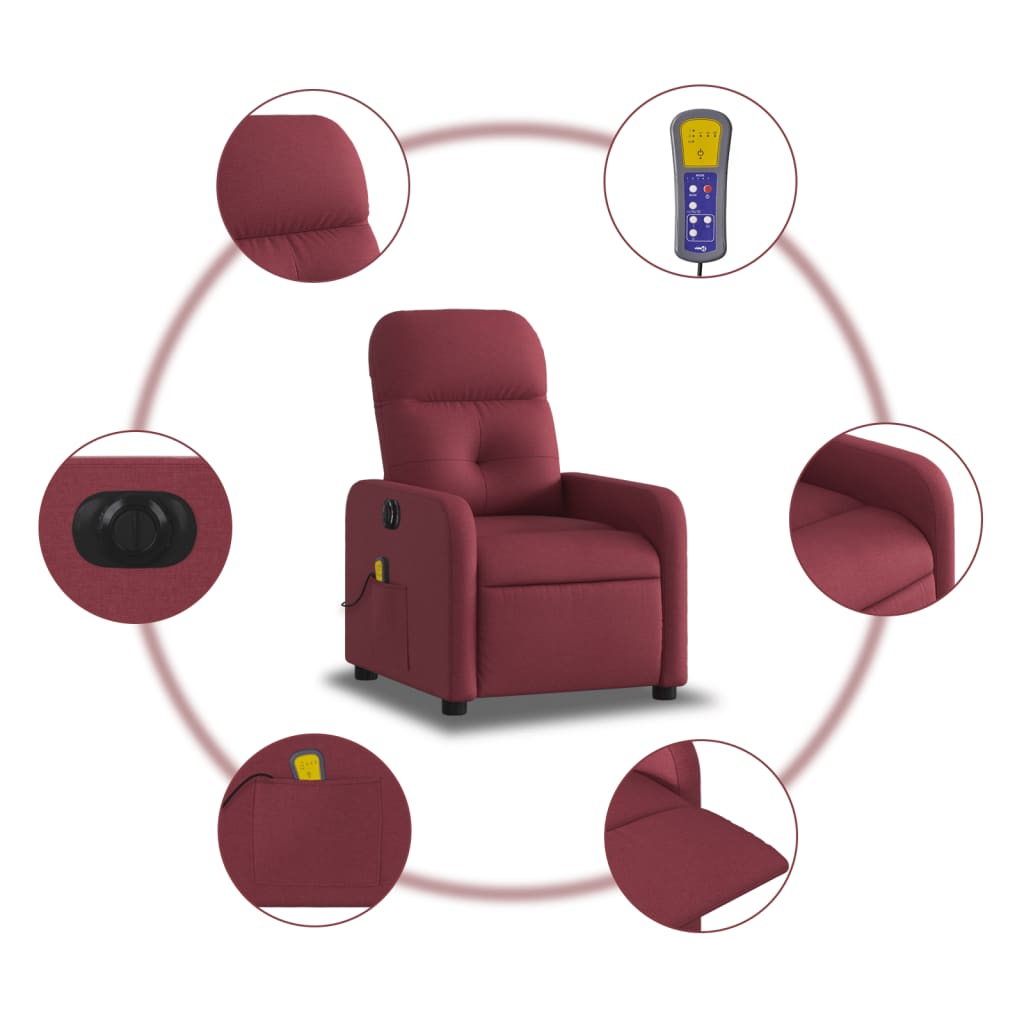 vidaXL Sillón de masaje reclinable eléctrico tela rojo tinto