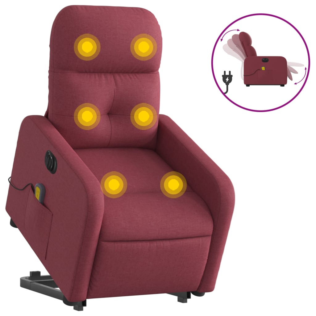 vidaXL Sillón de masaje elevable eléctrico tela rojo tinto