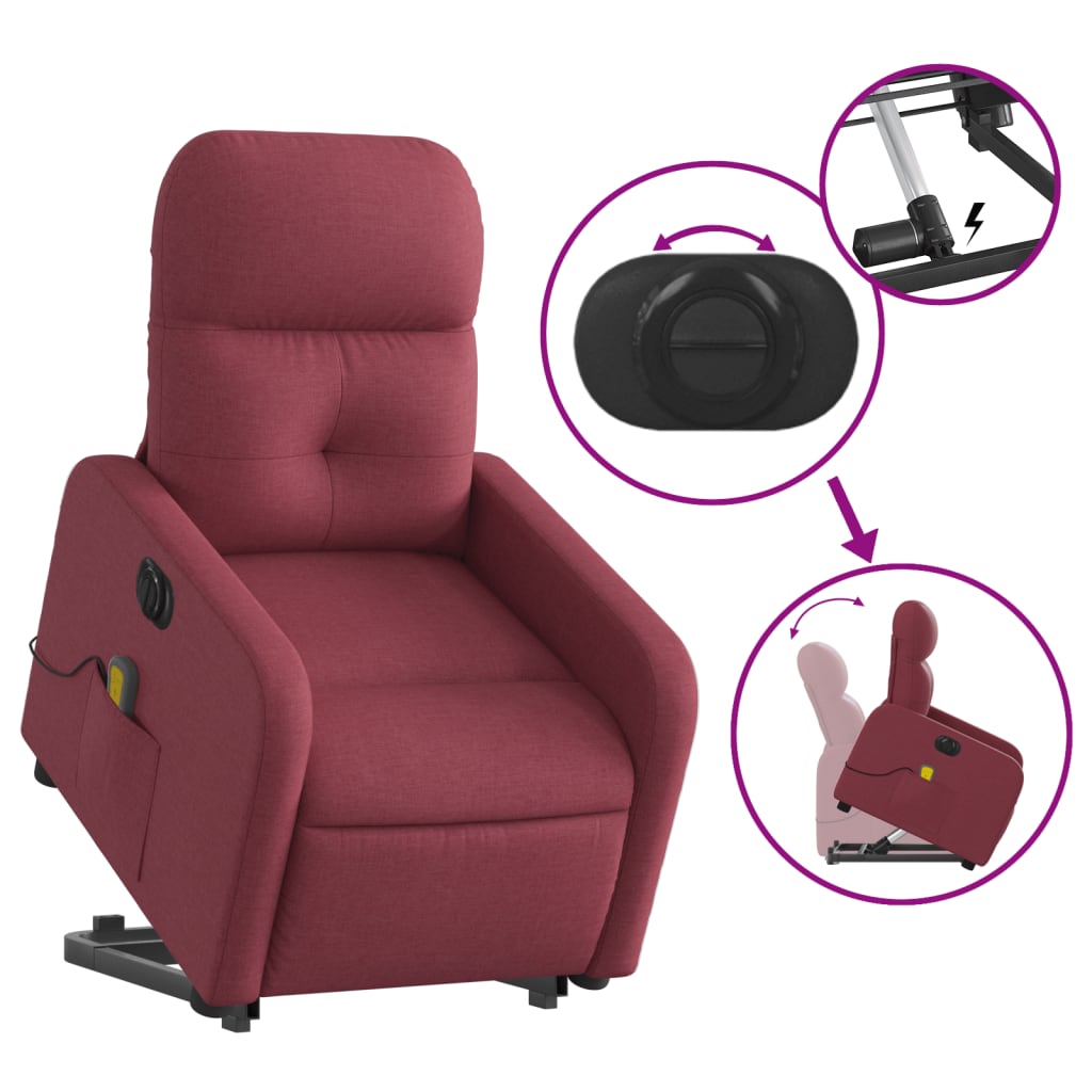 vidaXL Sillón de masaje elevable eléctrico tela rojo tinto