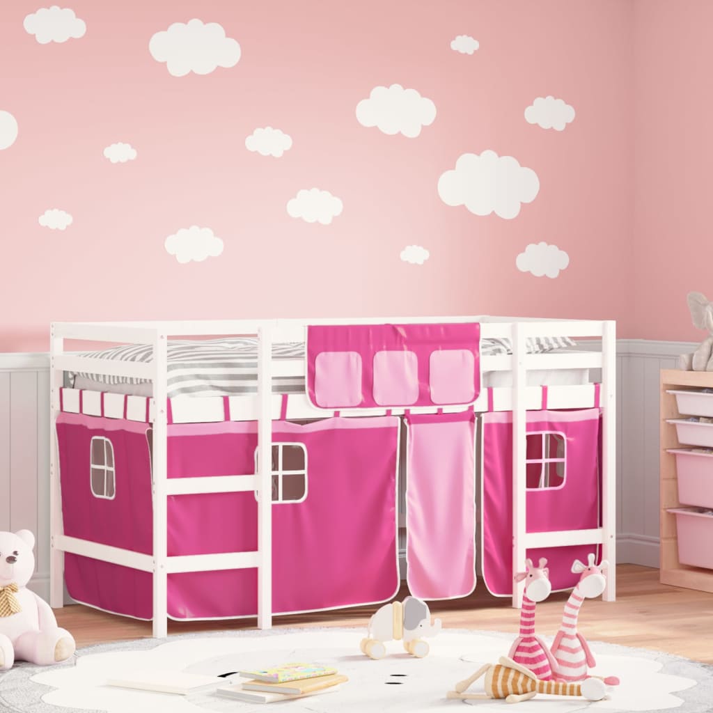 vidaXL Cama alta para niños con cortinas madera pino rosa 80x200 cm