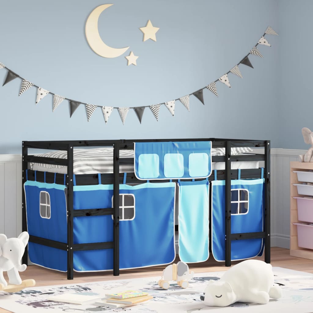 vidaXL Cama alta para niños con cortinas madera pino azul 90x200 cm