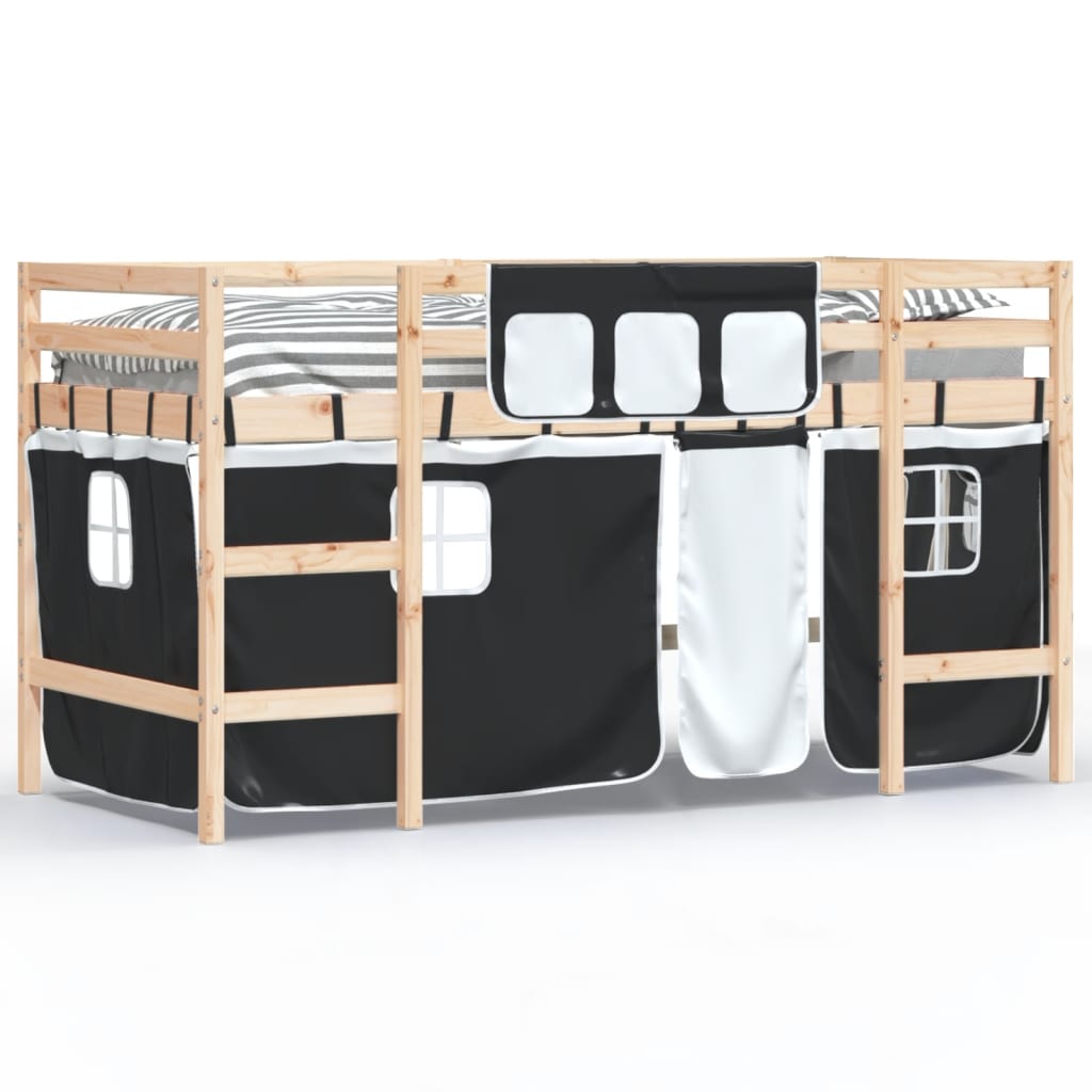 vidaXL Cama alta niños con cortinas madera pino blanco negro 90x190 cm