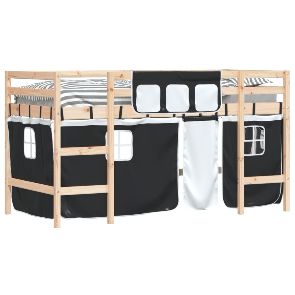 vidaXL Cama alta niños con cortinas madera pino blanco negro 90x190 cm