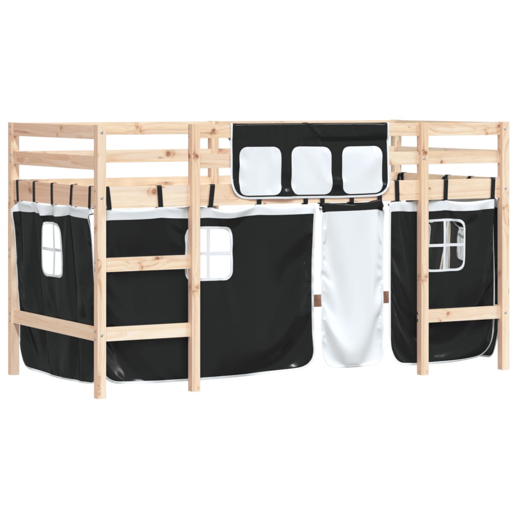 vidaXL Cama alta niños con cortinas madera pino blanco negro 90x190 cm