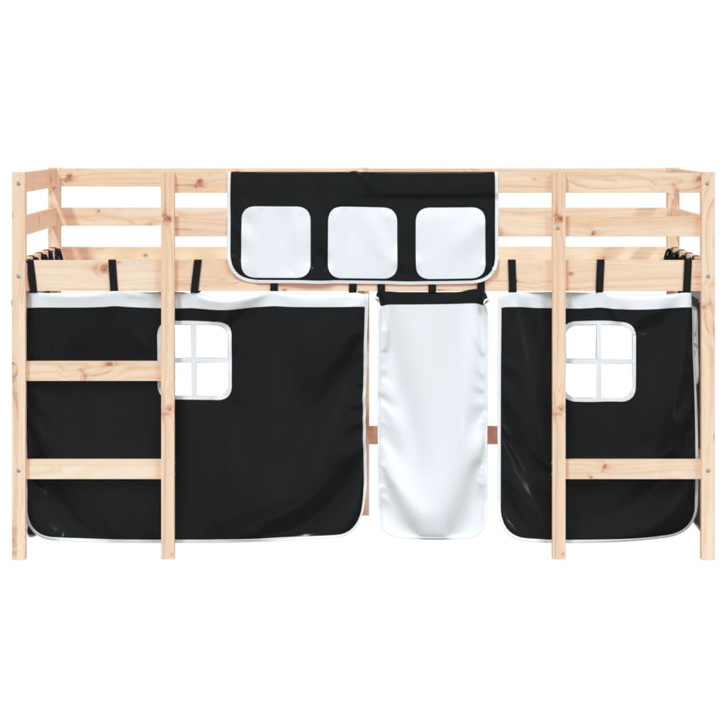 vidaXL Cama alta niños con cortinas madera pino blanco negro 90x190 cm