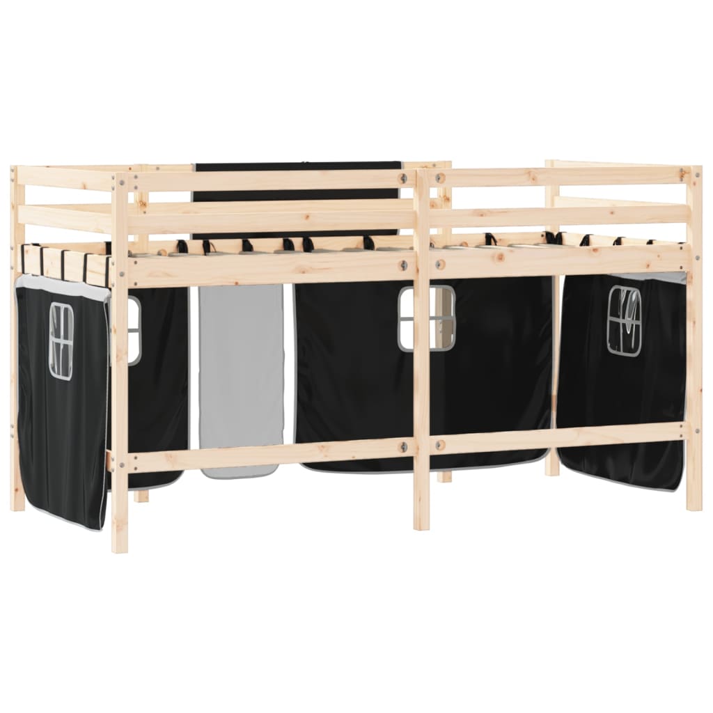 vidaXL Cama alta niños con cortinas madera pino blanco negro 90x190 cm