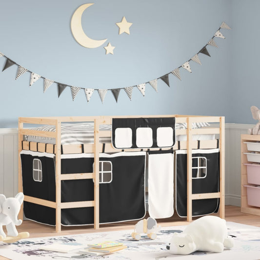 vidaXL Cama alta niños con cortinas madera pino blanco negro 90x190 cm