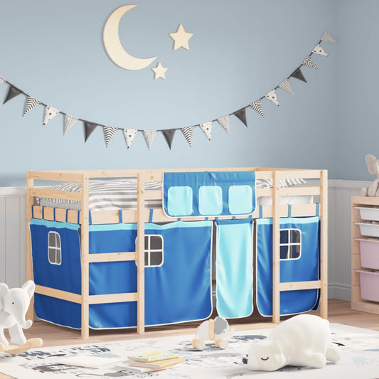 vidaXL Cama alta para niños con cortinas madera pino azul 90x190 cm